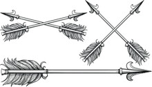 Crossed Vintage Arrows Drawn In Engraving View In Several Versions On A White Background 