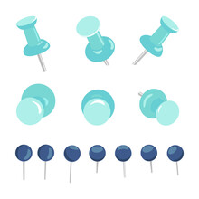Set Of Push Pins And Thumbtacks On White Background. Office Push Pins Signs. Stationery Products. Needles And Tacks. Vector Illustration.
