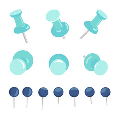 Set of push pins and thumbtacks on white background. Office push pins signs. Stationery products. Needles and tacks. Vector illustration.