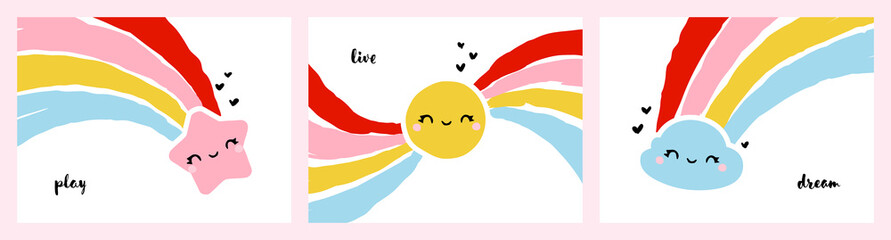 Wall Mural - Funny designs set of kawaii star, sun and cloud with rainbows. Creative vector illustration for cute greeting card or cool poster