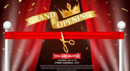 Grand opening card design with gold and red ribbon with confetti