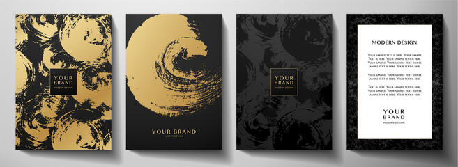 Wall Mural - modern black cover design set. creative abstract art pattern with gold brush stroke (golden calligra