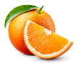 Orange fruit isolate. Orange citrus with leaf on white background. Whole orange fruit with slice. Full depth of field.