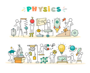 sketch of physics lab with working little people