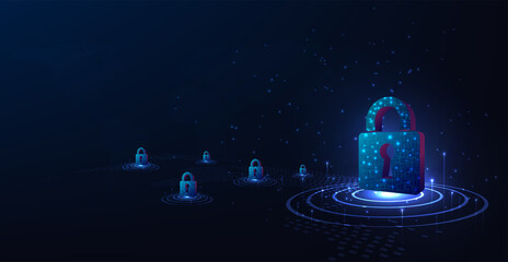 Leinwandbilder - Cyber security and information protection design concept.Padlock with keyhole symbol on dark blue background.Illustrates cyber data security.Vector illustration 3D protection.