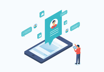 Aufkleber - flat vector design online communication concept with people use social media for business connection 