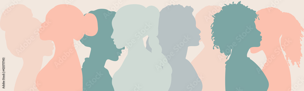 Silhouette group of multiethnic women and man who talk and share ideas and information. Communication and friendship women or girls of diverse cultures. Women social network community. Speak	 - obrazy, fototapety, plakaty 