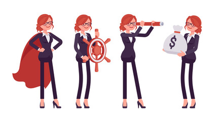 Wall Mural - Businesswoman, red haired office worker with spy glass, navigation wheel. Manager in smart formal wear, administrative person. Vector flat style cartoon illustration isolated on white background