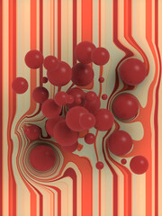 Fototapete - Abstract composition from a group of balls on a multi-colored striped distorted surface. 3d rendering illustration