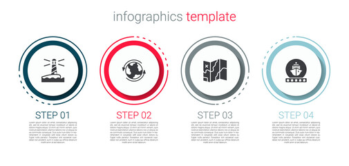 Poster - Set Lighthouse, Worldwide, Folded map and Cruise ship. Business infographic template. Vector