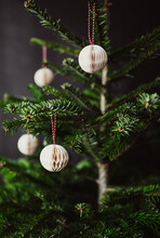 A Christmas Tree With White Ornaments