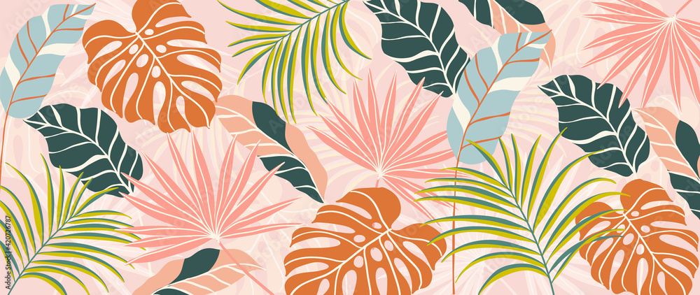 Abstract art nature background vector. Modern shape line art wallpaper. Boho foliage botanical tropical leaves and floral pattern design for summer sale banner , wall art, prints and fabrics. - obrazy, fototapety, plakaty 