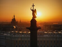 Angel Holding Christian Cross Atop The Alexander Column In St. Petersburg, Russia.