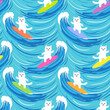 Cute surfer cats on big blue waves, seamless pattern