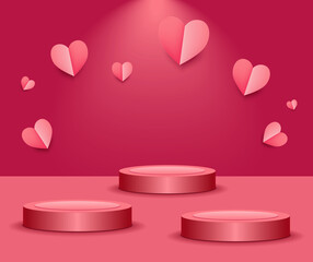 3 pink 3d podiums with paper cut hearts.  Realistic vector showcases. Three pedestals. Exhibition display set. Empty pink studio. Design for advertising. 1, 2, 3 winner places. Award, competition     