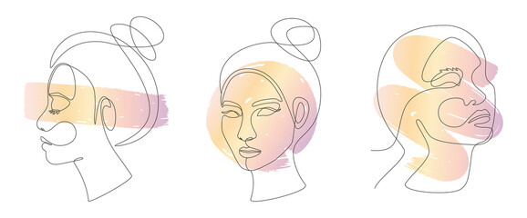 Poster - Set of Asian women faces in one line art style. Vector Continuous line drawing portrait with abstract gradient brush stroke for prints, tattoos, posters, emblems, cards and logo