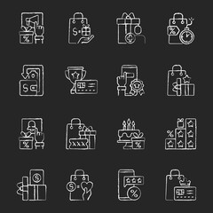 Canvas Print - Loyalty program chalk white icons set on black background. Purchase things and getting bonus. Discount card. Rewards credit card. Doing shopping. Isolated vector chalkboard illustrations