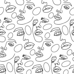 Wall Mural - Abstract one line seamless pattern. Continuous Outline background with female faces. Modern Woman aesthetic contour. Fashion print. Surreal texture.