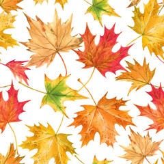 Beautiful seamless autumn pattern with watercolor colorful maple leaves. Stock illustration.