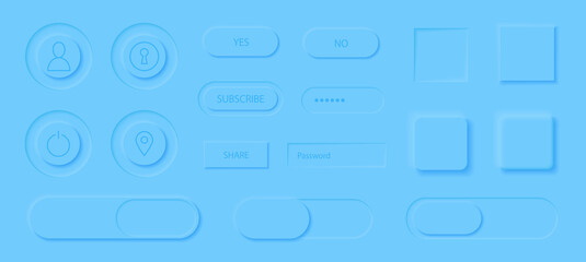 Wall Mural - Neumorphism style elements vector set. Modern website or mobile app design. Volume control buttons and knobs. Minimal style neumorphism buttons. Neumorphic UI UX interface.