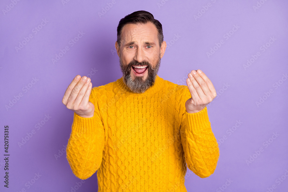 Photo of displeased man hands fingers show money symbol open mouth yell isolated on violet color background - obrazy, fototapety, plakaty 