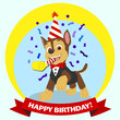 Paw Patrol Chase birthday card. Happy birthday from paw patrol chase! Happy puppy with birthday cap, horn and red bow-tie. Cartoon character greeting card.