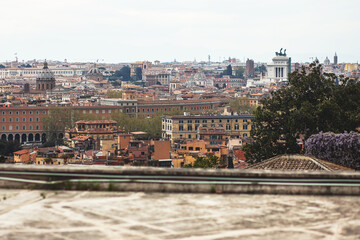 Rome panorama, Lazio, Italy, beautiful panoramic vibrant summer wide view of Roma and Vatican, with cathedrals, cityscape and scenery beyond the city, seen from observation deck