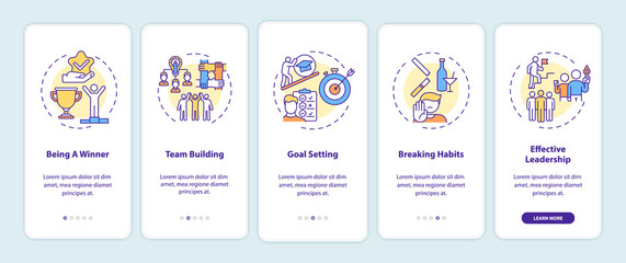 Motivational content types onboarding mobile app page screen with concepts. Learning to break habits walkthrough 5 steps graphic instructions. UI vector template with RGB color illustrations