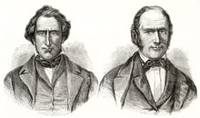 Bust Portrait Of Jedidiah M. Grant And Herber C. Kimball, Mormon Leaders. Side By Side Bust Of Elegant Men. Ancient Grey Tone Etching Style Art By Ferogio, Le Tour Du Monde, 1862
