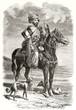 Kurdish falconer. Posing horseback with his equipment and fast slim hunting dogs on a flatland. Grey tone etching style art by Duhousset, Le Tour du Monde, 1862