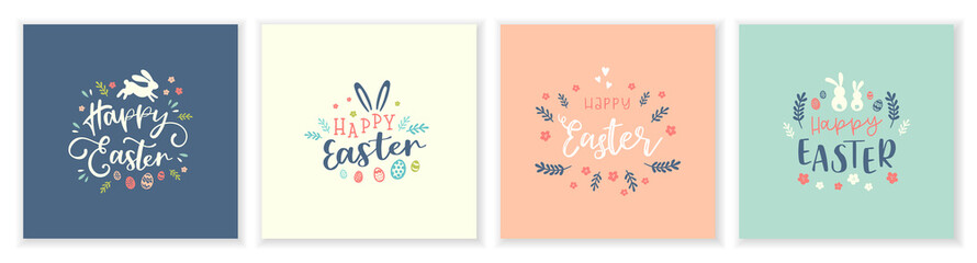 Wall Mural - Cute Easter design, creative typography and lovely decoration, hand drawn Easter eggs, doodle flowers and decoration - great for banners, cards, wallpaper, invitations - vector design