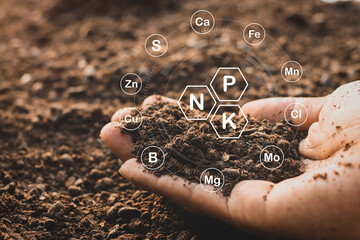 Wall Mural - Rich loam in the hands of a man and a technology icon and elements in the soil around it.