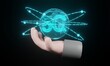 © Thanapipat - 3d rendering. Cartoon hand holding the Hologram present world 5G map on black background. the concept of communication network