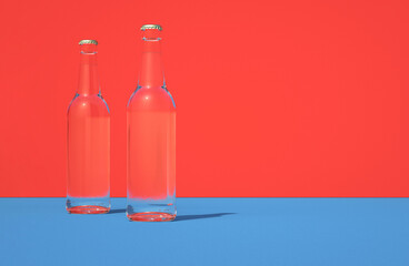 Leinwandbilder - 3D illustration of glasses standing on blue board against red background. Transparent bottles and retro colors.