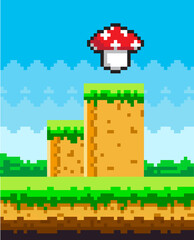 Aufkleber - Pixel art game background with magic mushroom in sky. Pixel-game scene with green grass platform