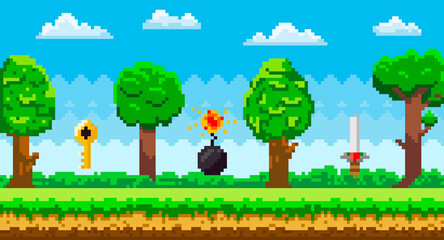 Poster - Pixel art game background with reward object in air. Pixel-game scene with grass, tall trees