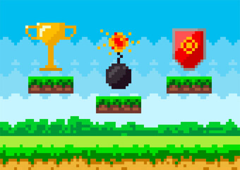 Poster - Pixel art game background with reward object in air. Pixel game scene with grass platform and awards
