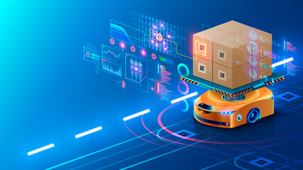Poster - Smart warehouse technology. Automated robot delivers an order box in smart automated warehouse. Drone swarm of robots in logistic industry. AI routes autonomous rovers and manages a smart warehouse.