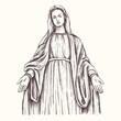 Holy Virgin Mary, Mother of God, Virgin Mary, Madonna, Mother of Jesus Christ, Christianity. Hand Drawn Sketch Illustration.
