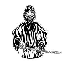Black White Vector Sketch Of A Skull In Robe Carrying A Sword