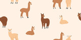 Fototapeta Pokój dzieciecy - Seamless trendy pattern with style cartoon alpaca in various poses. Flat design print in beige and brown color.