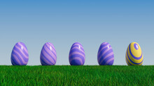 Easter Eggs On A Grass Lawn, With A Clear Blue Sky. Beautiful Purple, Violet And Yellow Eggs With Striped Patterns. 3D Render