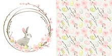 Easter Backgrounds. Rabbit, Willow, Cherry Blossom And Eggs. Set Vector Design Elements On The Theme Of Flowering And Spring.