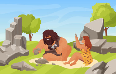 Prehistoric stone ages and primitive couple people work vector illustration. Cartoon neanderthal man woman characters sitting, caveman holding hammer work tools to break stone near cave background