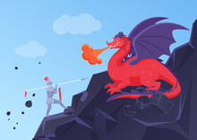 Fantasy Battle Fight Of Hero Knight And Dragon Vector Illustration. Cartoon Heroic Knight Warrior Character In Armor Fighting With Spear Fire Breathing Dragon, Rock Mountain Fairy Landscape Background