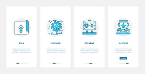 Poster - Business office work technology vector illustration. UX, UI onboarding mobile app page screen set with line abstract human head thinking, success teamwork, lightbulb successful idea symbols