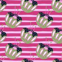 Traditional Seamless Pattern With Doodle Dolk Flowers Bud Elements Print. Pink Striped Background.