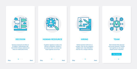 Wall Mural - Business hr management of human resources, opportunity and recruitment vector illustration. UX, UI onboarding mobile app page screen set with line work of hiring agency to hire recruit manager team