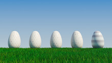 Easter Eggs On A Grass Lawn, With A Clear Blue Sky. Beautiful White, And Pastel Eggs With Floral And Striped Patterns. 3D Render