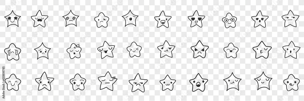 Stars with emoji faces doodle set. Collection of hand drawn cute funny stars with positive and negative facial expressions emoticon isolated on transparent background - obrazy, fototapety, plakaty 